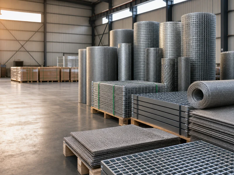 Galvanized wire mesh rolls, welded panels, and grating packed in an export warehouse