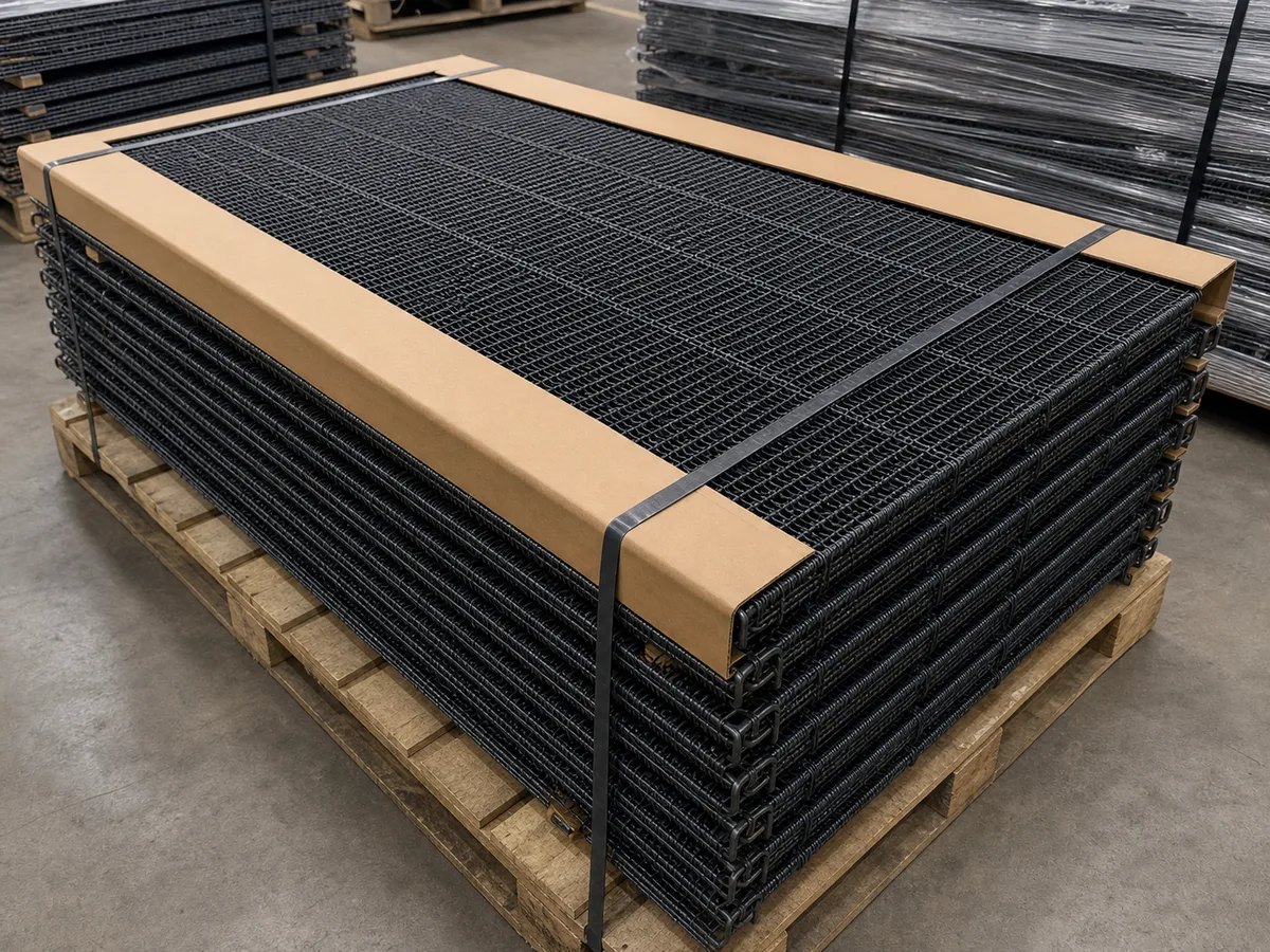 65Mn hooked vibrating screen mesh panels stacked on a pallet with edge protection for shipment