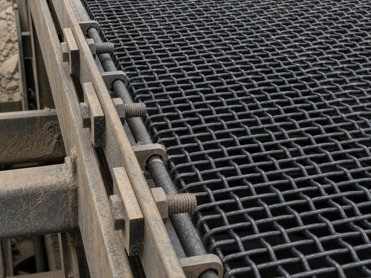 65Mn hooked vibrating screen mesh installed along a tension rail on quarry screening equipment