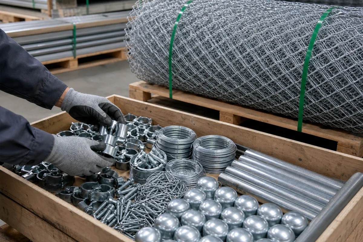 Chain link fence accessories and packed rolls prepared for export