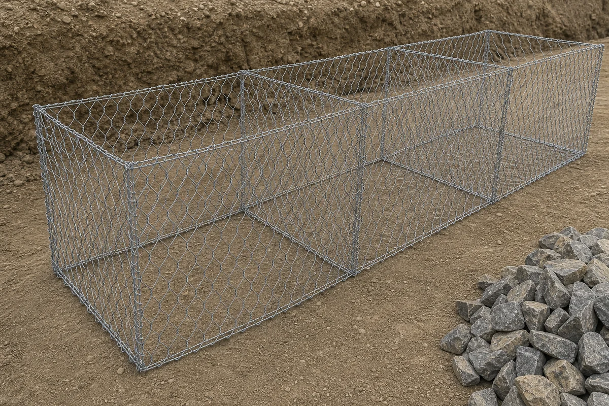 Galvanized double-twisted hexagonal gabion basket assembled with internal mesh divisions before stone filling