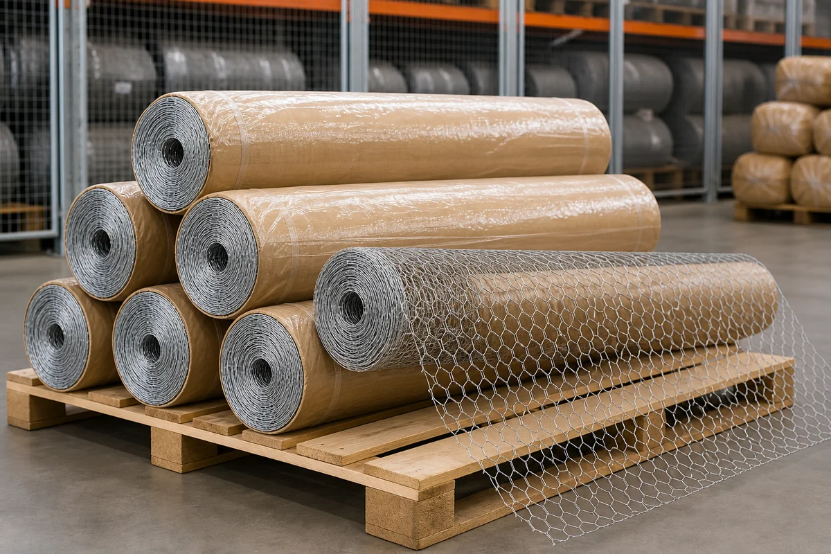 Galvanized hexagonal wire mesh rolls prepared for export packing on a wooden pallet