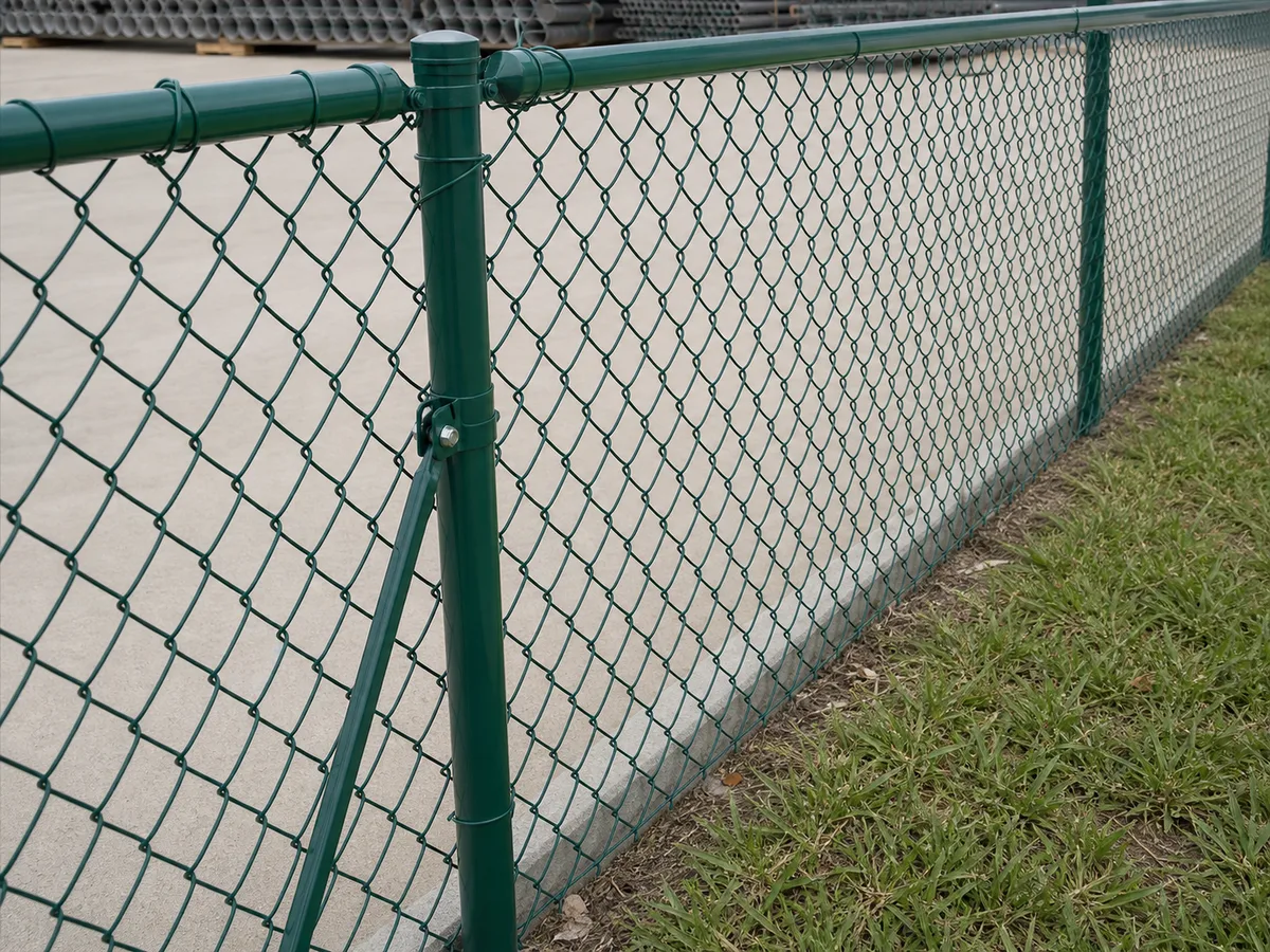 Green PVC coated chain link fence fabric fixed to round posts with top rail and tie wires