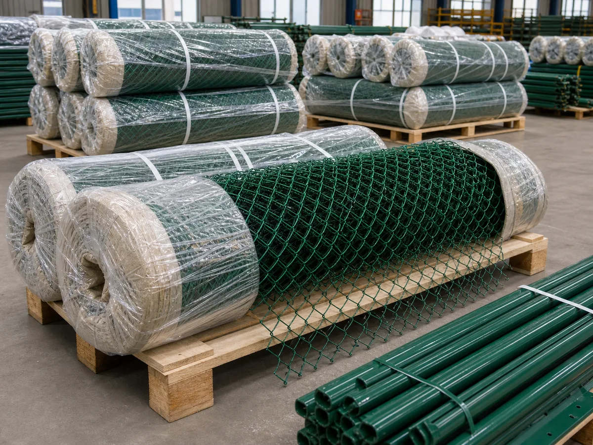 Green PVC coated chain link fence rolls wrapped and packed on pallets with matching coated posts