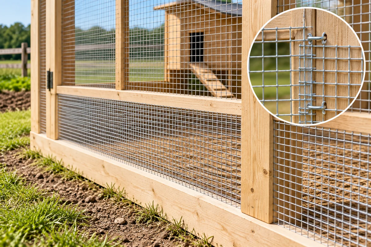 Small-aperture galvanized welded wire mesh fixed to a timber poultry run frame