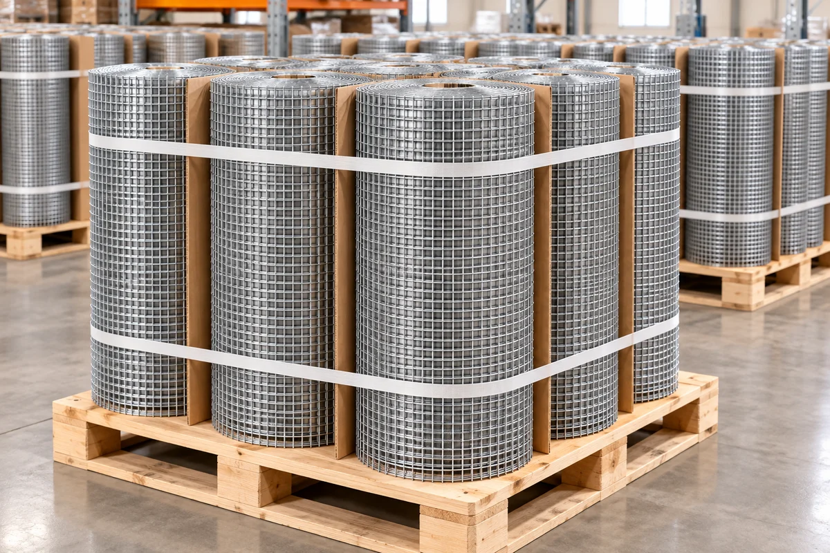Small-aperture galvanized welded wire mesh rolls prepared on pallets for export packing