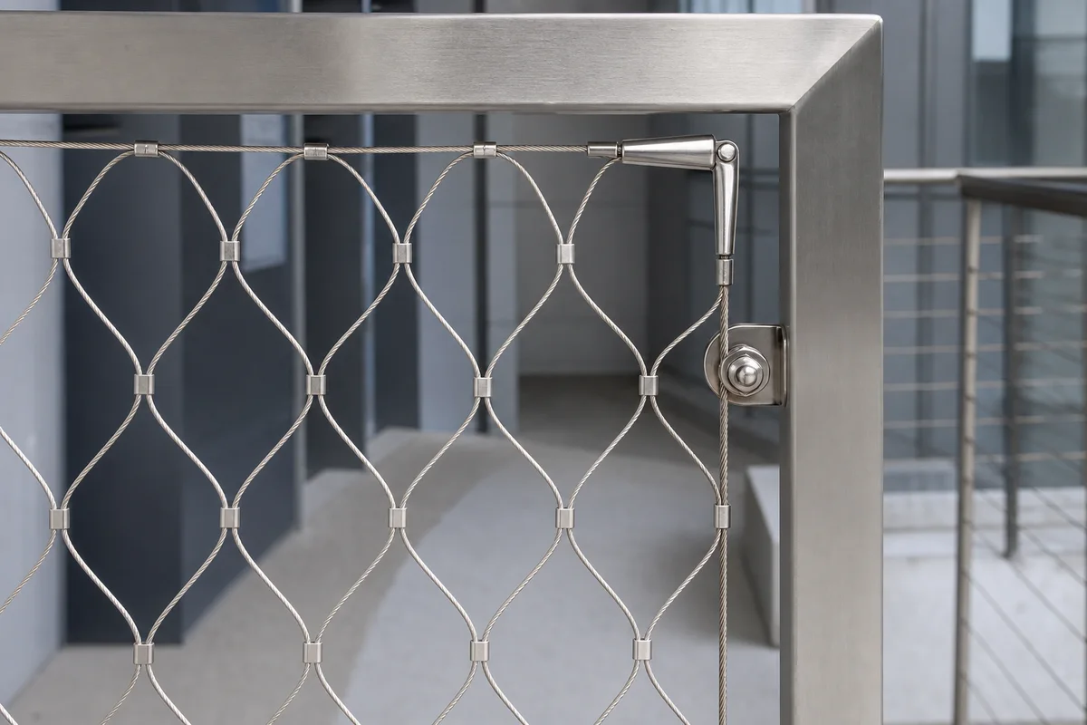Stainless steel rope mesh with diamond cable openings tensioned into a brushed steel architectural frame