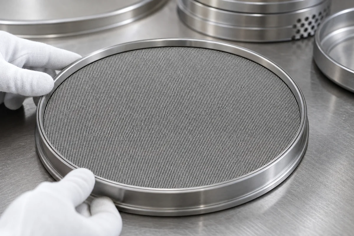 Fine stainless steel woven mesh fitted into a circular industrial filter frame