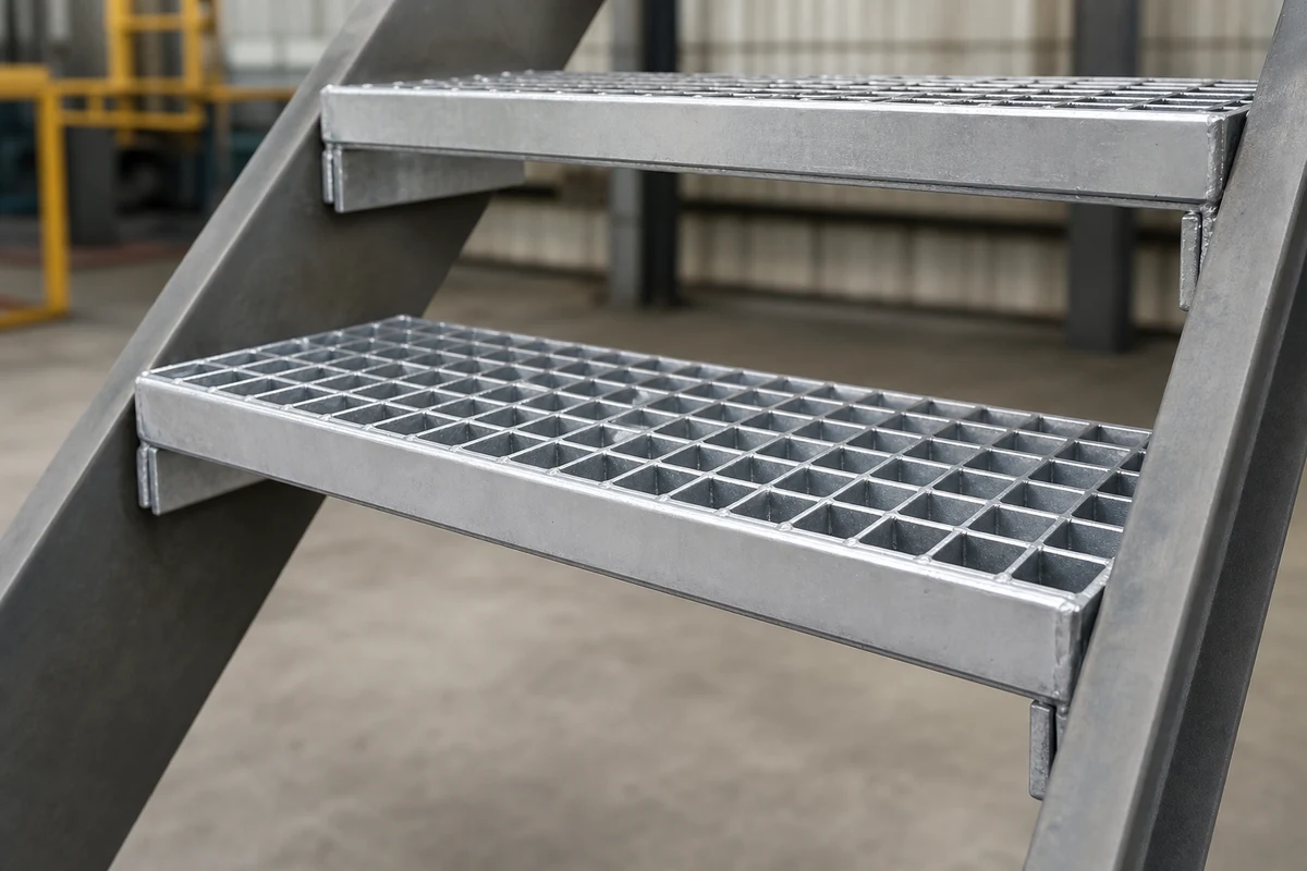 Galvanized steel grating stair treads fitted to industrial side supports