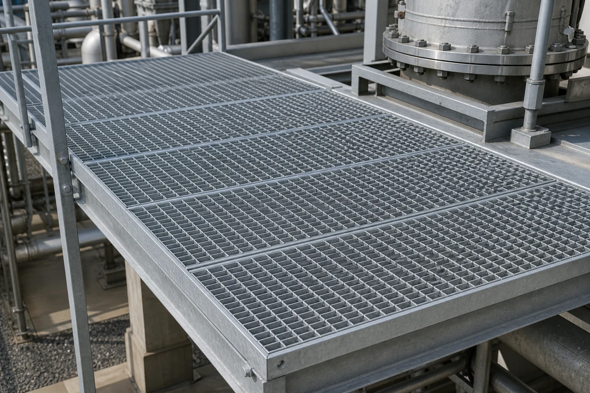 Galvanized steel bar grating panels installed on an industrial maintenance walkway