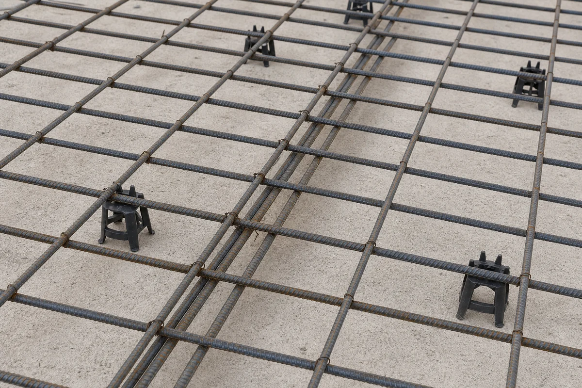 Welded reinforcement mesh panels arranged across a concrete slab with a panel overlap zone