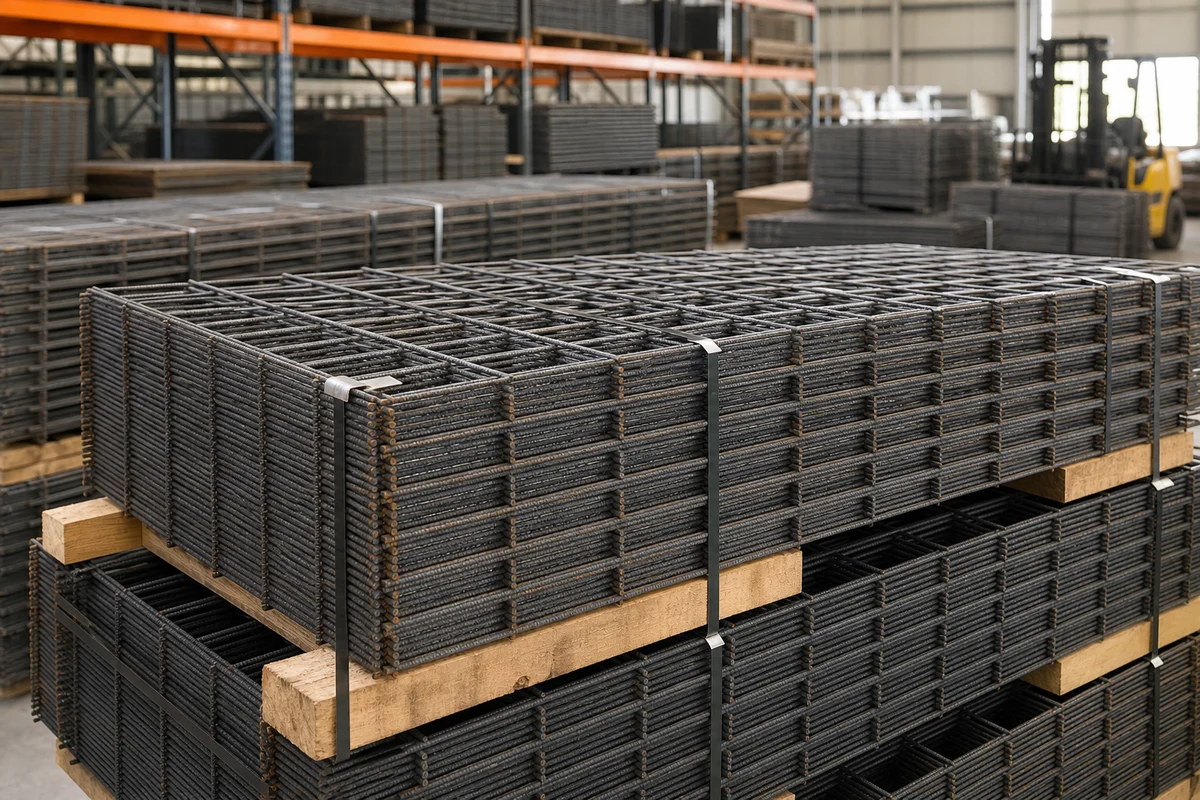 Bundles of flat welded reinforcement mesh panels stacked on timber separators for shipment